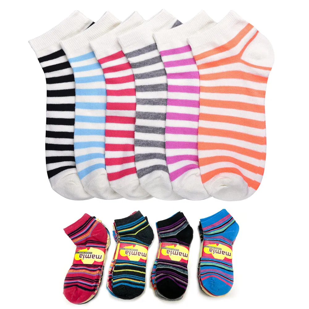 12 Pairs Women's Girls Ankle Low Cut Socks Size 9-11 Stripes Colorful No Show
