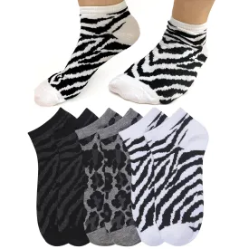 6 Pairs Women's Low Cut Ankle Socks Zebra Animal Print Cotton Casual Size 9-11