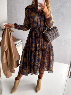 Button Up Long Sleeve High Waist Midi Dress