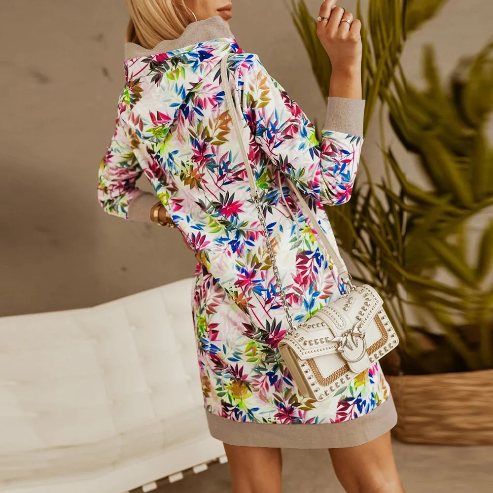 Casual 3/4 Sleeve Floral Hoodie Mini Sweatshirt Dress