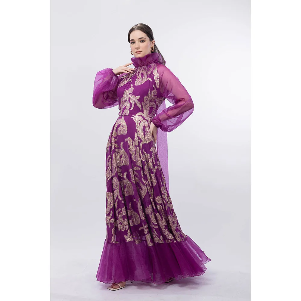 MANDIRA WIRK Purple Raglan Balloon Sleeve Brasso Woven Full Length Gown