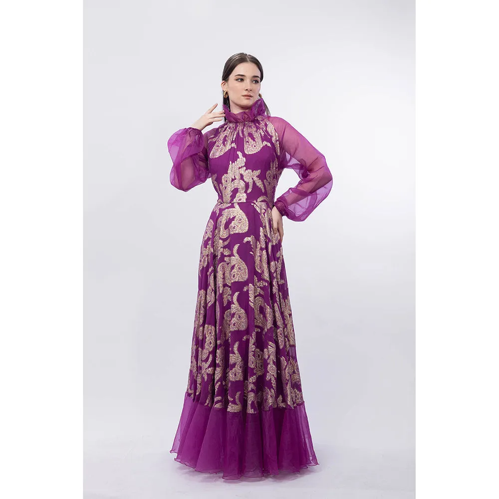 MANDIRA WIRK Purple Raglan Balloon Sleeve Brasso Woven Full Length Gown