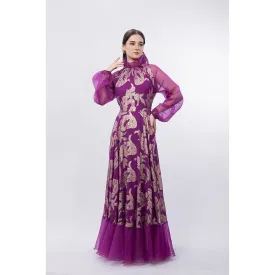 MANDIRA WIRK Purple Raglan Balloon Sleeve Brasso Woven Full Length Gown
